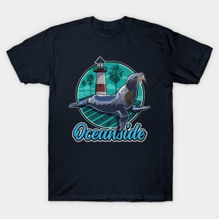 California Sea Lion at Oceanside with Palm trees and Lighthouse T-Shirt